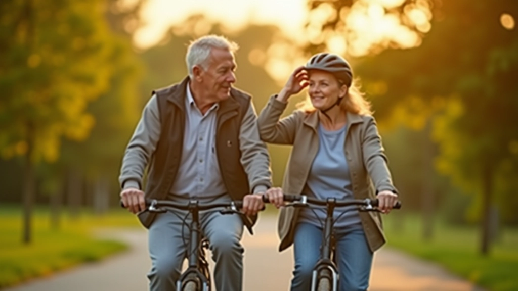 Seniori braucējpāris, vīrs un sieviete, brauciens uz dambja